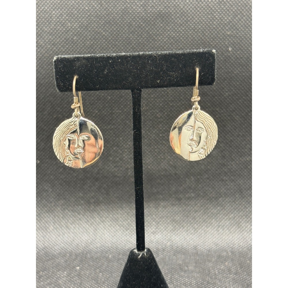 Laurel Burch 1993 Vintage Silver Tone Split Face Drop Dangle Earrings Art Deco